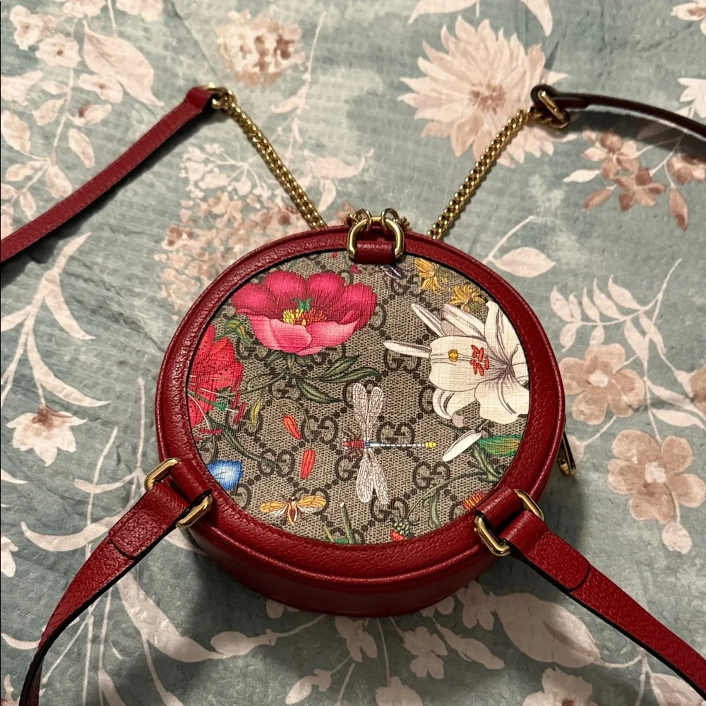 Gucci Mini Red Floral Round with Web Stripe Backpack w/Gucci Dust Bag - Picture 2 of 7